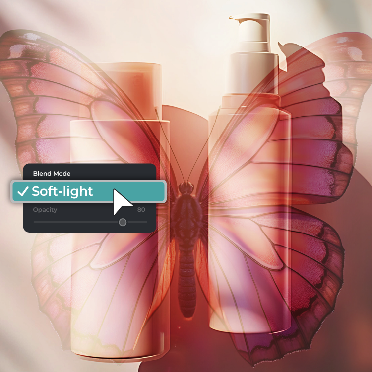 Cosmetic bottles with a transparent butterfly overlay and a soft-light blend mode graphic.